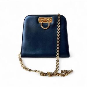 Salvatore Ferragamo Gancini Chain Shoulder Bag Crossbody Black Gold Hardware